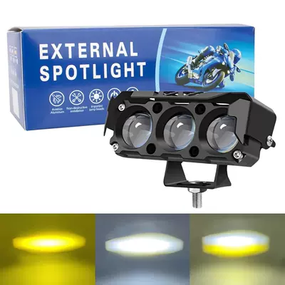 Motorcycle Electric Vehicle Led Strobe Spotlight Road Lighting Headlight Yellow and White Dual-Color High and Low Beam Headlamp Ip67 Protection (Motorcycle headlights, headlights) - three-eyes-flash-yellow-and-white-light-with-bracket-screws-and-nuts