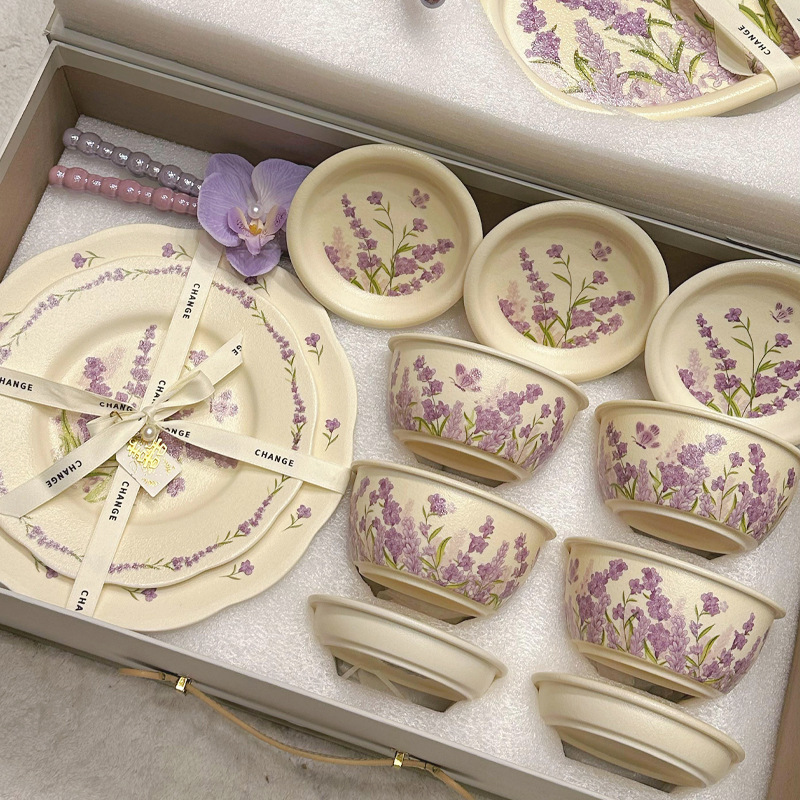 Romantic Purple Bell Flower Dish Set Frosted Texture Thickeneded Cute Fresh Style Ceramic Dishes Tableware Rice Bowls and Plates