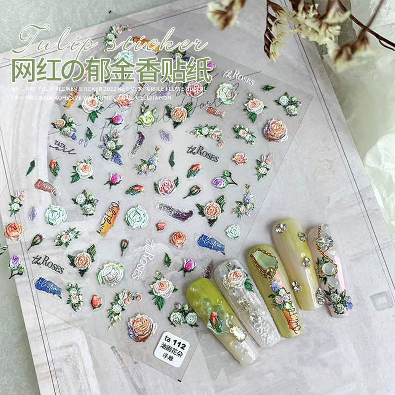 Tomoni Etiqueta de alivio de uñas yeso tridimensional Tulipán hueco retro acuarela Rosa 5D calcomanías de uñas Nuevo