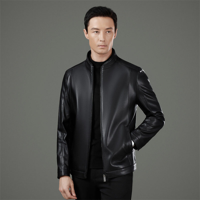 Authentic high-end men's leather jacket from Haining, 2026, casual stand-up collar jacket for middle-aged men, plus-size coat.
