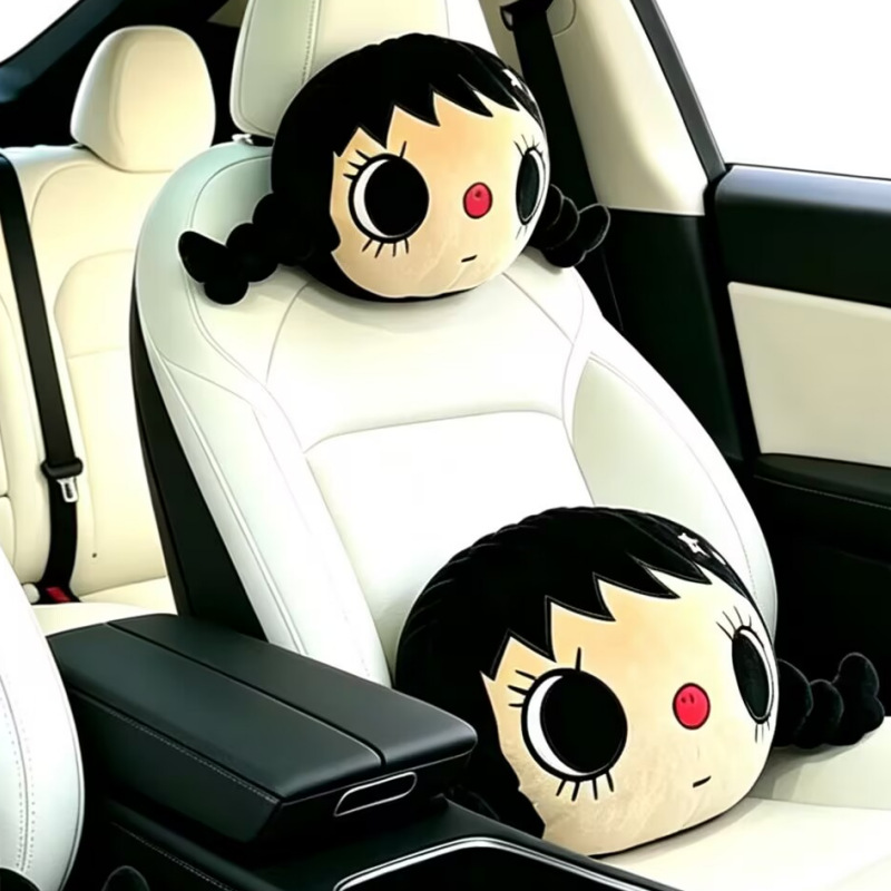 Trendy Big-Eyed Doll Car Headrest, Black Braided Girl Plush Neck Pillow, Internet Celebrity Style Throw Pillow