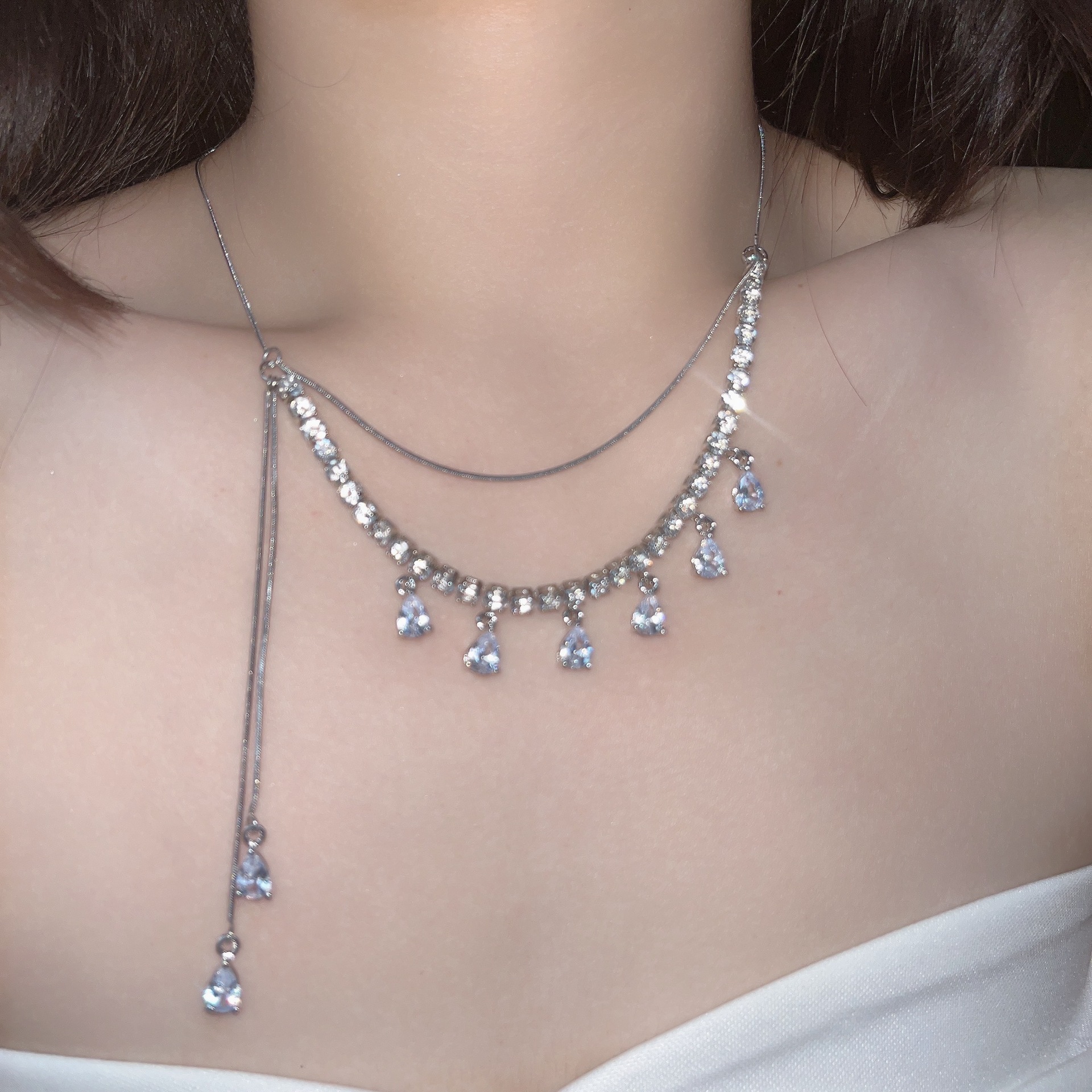 Fashion Water Droplets Alloy Plating Inlay Zircon Layered Necklaces