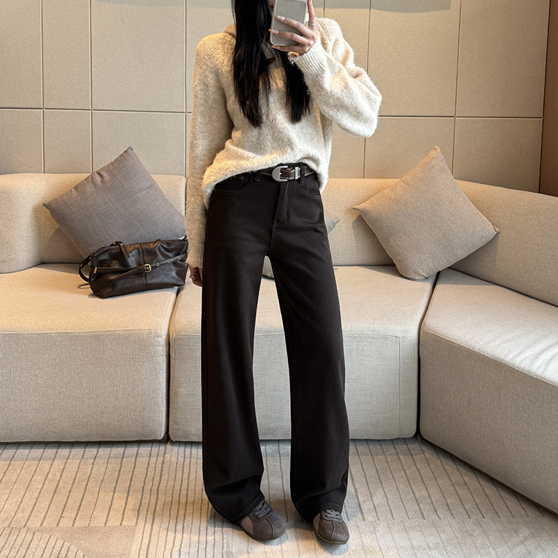 Plus-size women's jeans for plus-size ladies, autumn high-waisted eight-way stretch wide-leg slimming straight-leg floor-length pants with belt Plus-size women's jeans for plus-size ladies, autumn high-waisted eight-way stretch wide-leg slimming straight-leg floor-length pants with belt