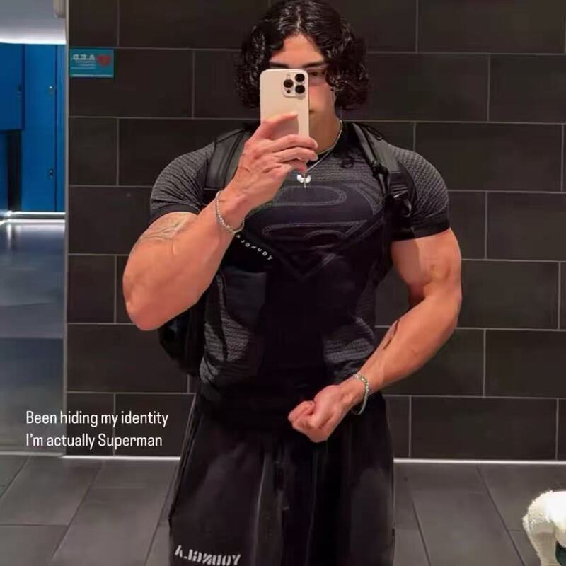 yougla Superman Seamless Fitness Tight Elastic Sports Top Short Sleeve