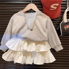 2024春秋韓版新款休閒女童俏皮可愛套頭衛衣雙層波浪百褶短裙套裝