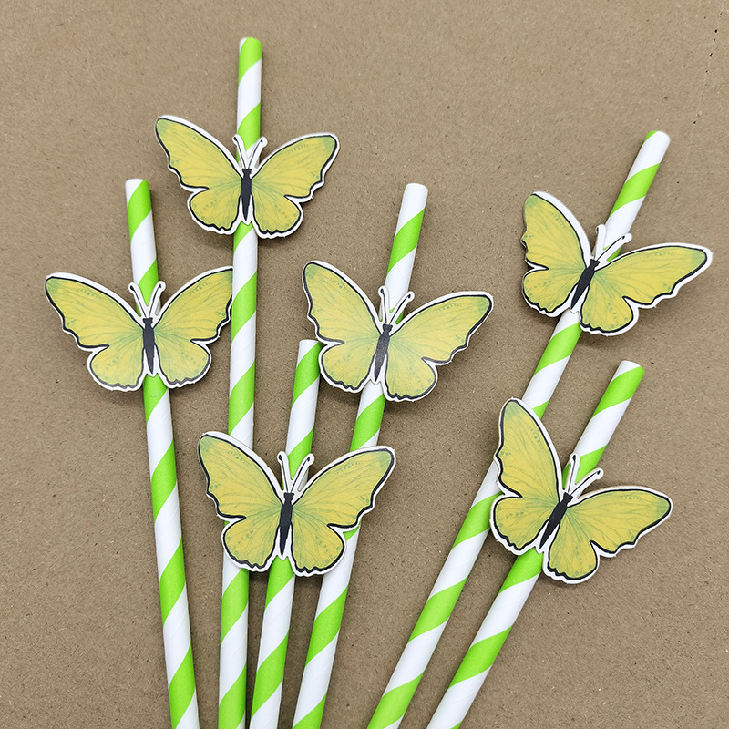 Papel tarjeta mariposa paja de papel desechable degradable paja de papel bar postre fiesta té leche paja decoración
