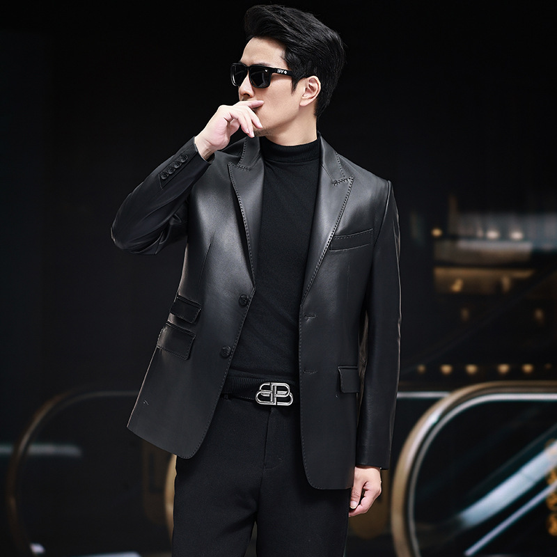 Haining Genuine Leather Coat 2024 New Middle-aged Men's Solid Color Leather Casual Suit Sheepskin Suit Coat Haining Genuine Leather Coat 2024 New Middle-aged Men's Solid Color Leather Casual Suit Sheepskin Suit Coat