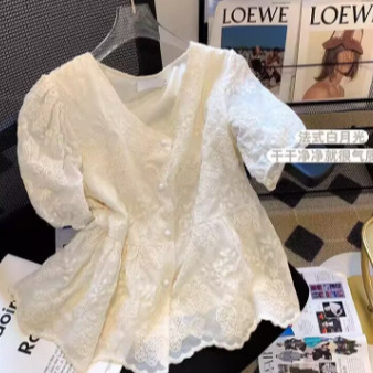 Korean style clothing design thin lace splicing gentle shirt spring and summer chic unique small top for women 