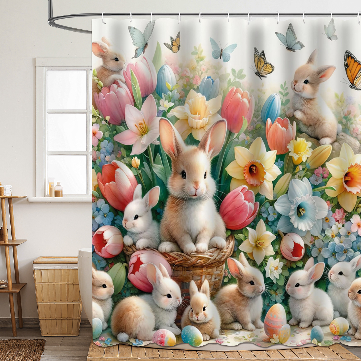 Cross-Border Popular Shower Curtain Digitally Printed Easter Bunny Egg Polyester Waterproof and Mildew-Proof Shower Bathroom Partition Curtain