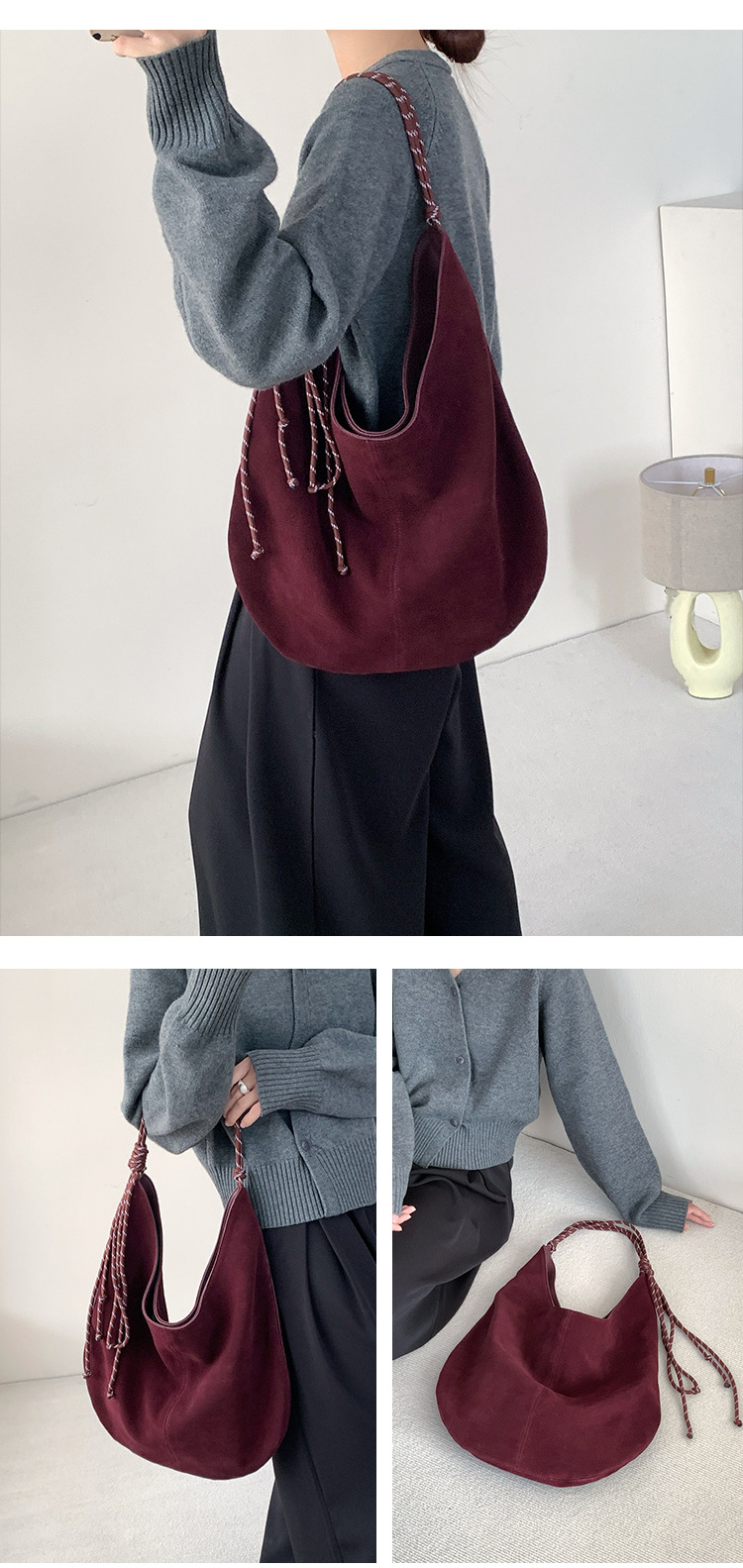 Sac fourre-tout en cuir givré à bandoulière simple pour femme, nouveau style paresseux, capacité en corde tissée à la mode 2024_voghion.com