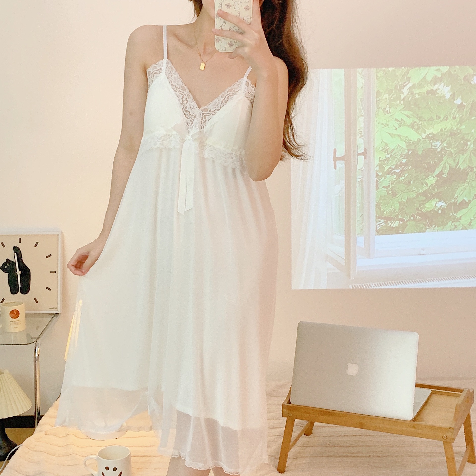 Summer New Fairy Style Sling with Chest Pad Mesh Nightgown Sweet Sexy Lace Princess Style Nightgown Home Clothes