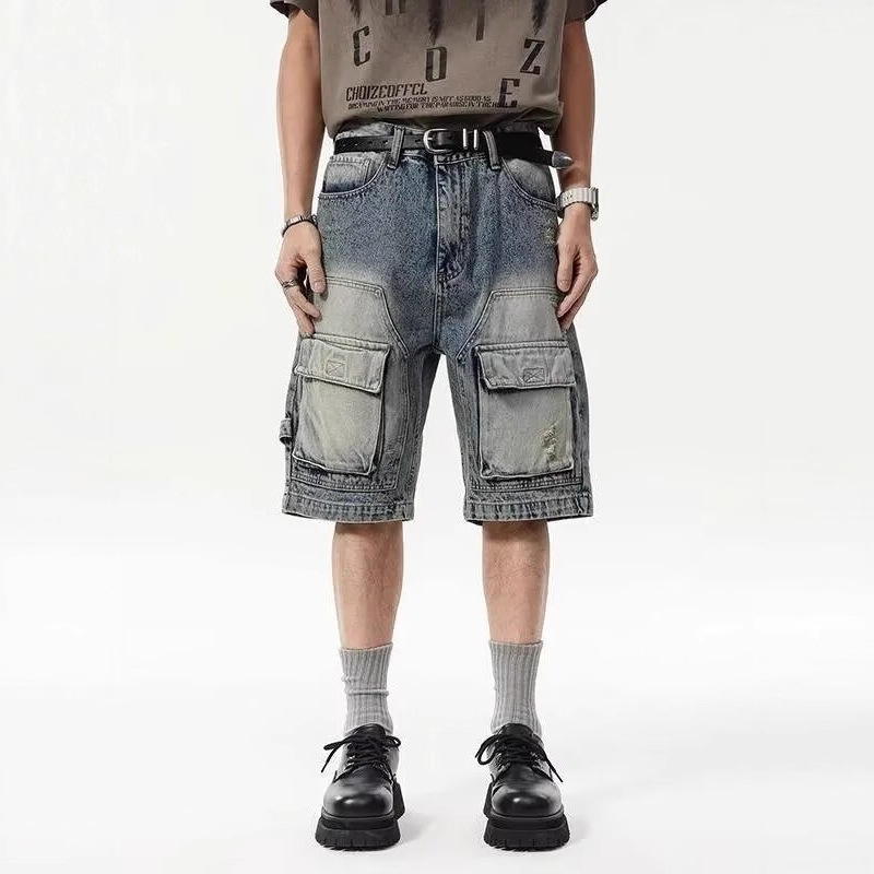 Trendy High-End Distressed Loose-Fitting Denim Shorts for Men with Multiple Pockets