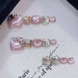 黛月达 纯手工穿戴甲脚甲十四片清新脚甲法式蝴蝶钻穿戴甲美甲贴