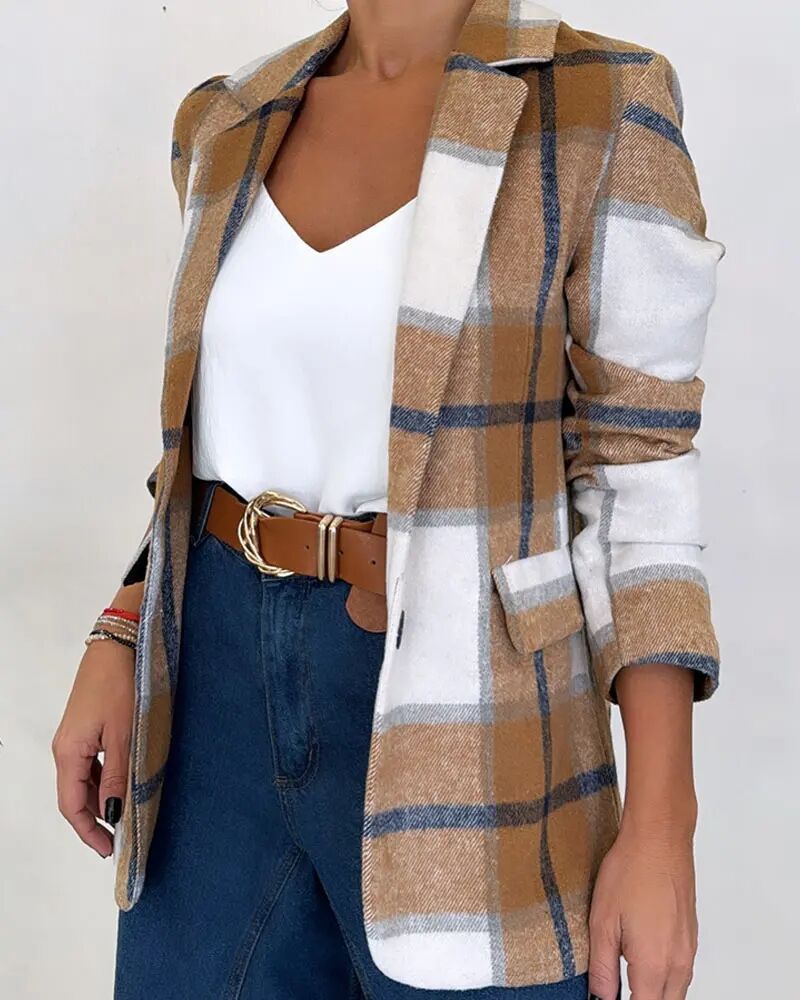 Women's Plaid Woolen Blazer Jacket - Elegant Autumn Outerwear_voghion.com