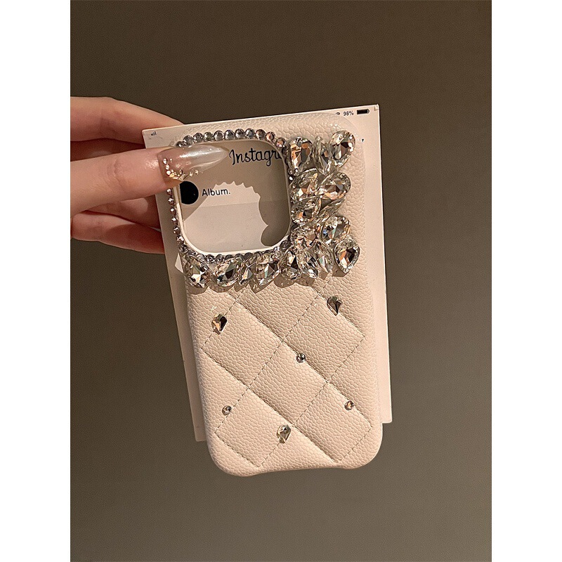 Luxurious White Quilted Diamond Pile Suitable for Iphone17/16Pro Max Mobile Phone Case Apple 15 Rhinestone 14 Protective Cover