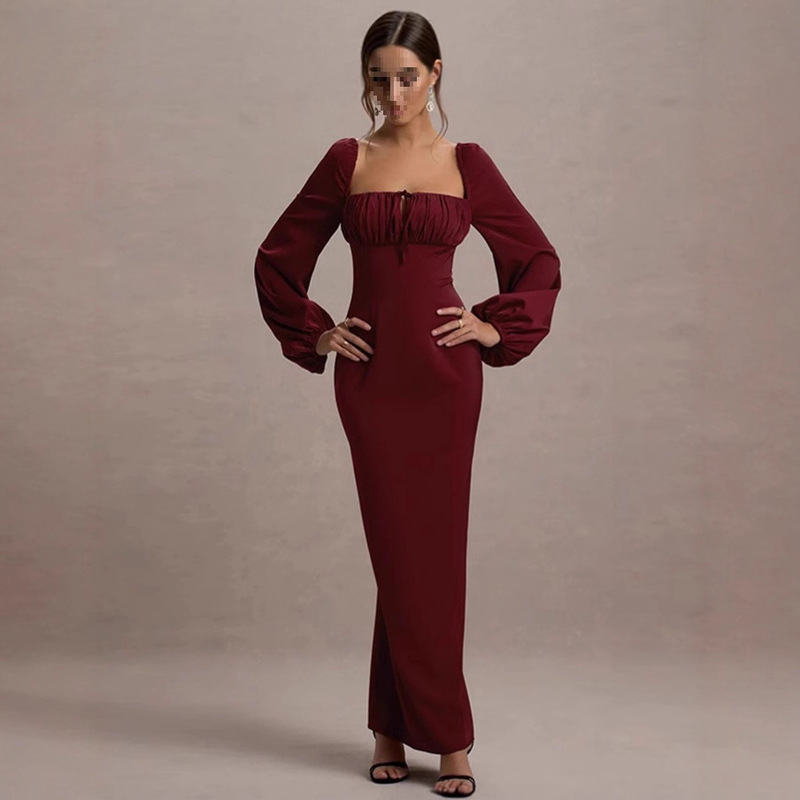 European and American 2025 Fashionable Elegant Women's Pure Color Lantern Sleeve Square Collar Slim Fit Hip-Hugging Backless Dress