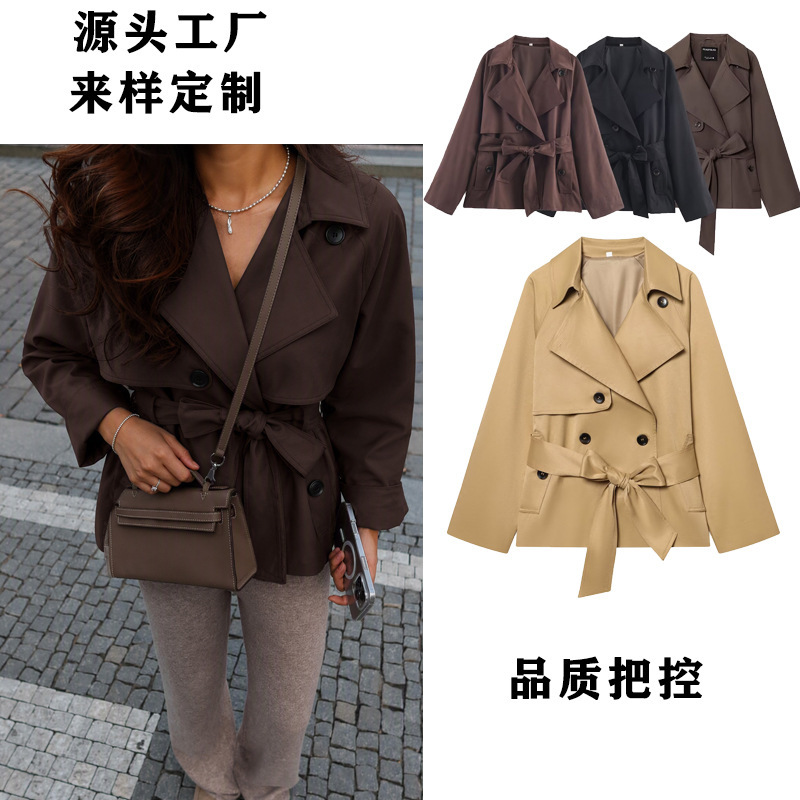2026 European and American cross-border bestseller, pure dark brown turn-down collar waist-cinching trench coat for women, autumn women's short coat 1282726 POLO collar 2026 European and American cross-border bestseller, pure dark brown turn-down collar waist-cinching trench coat for women, autumn women's short coat 1282726 POLO collar