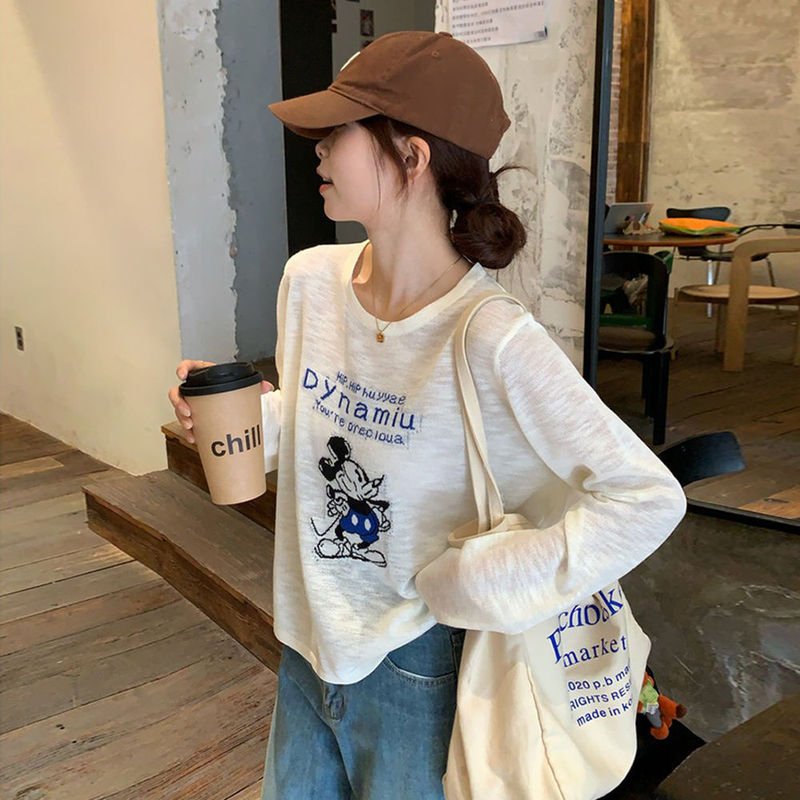 S011 White Mickey Mouse Loose Sun Protection Blouse Long-Sleeved T-Shirt Women's Summer New Popular Air-Conditioning Shirt Light Top