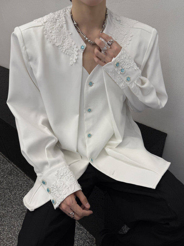 Korean Fashionable Cat-Eye Buckle Light Luxury Men's Long-Sleeve Shirt with Lace Splicing, Faux Two-Piece Dress with Shoulder Pads for Groomsmen