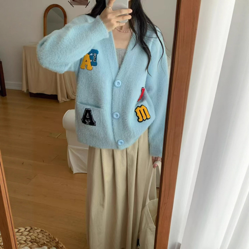 外穿少女感女装毛衣显瘦显白软糯仿貂绒针织外套女装短款毛衣开衫|undefined