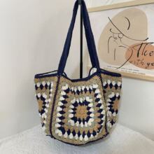 祖母格高级感单肩草编包包女手工编织复古民族包大容量沙滩托特包