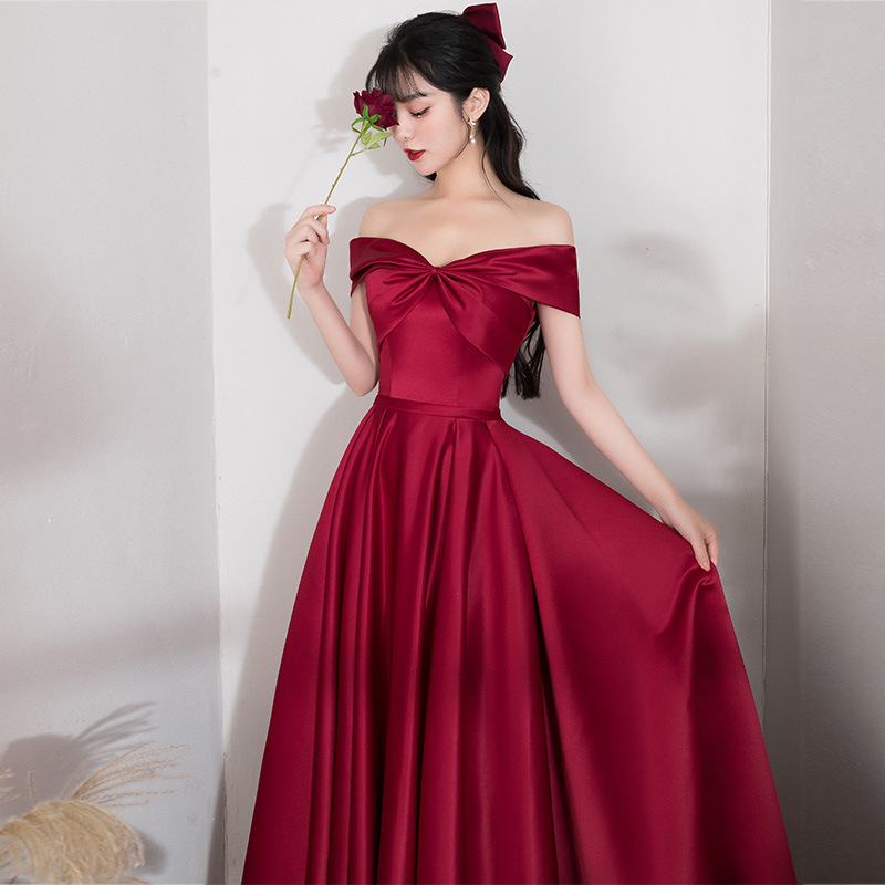 Toasting dress off-shoulder satin wine red usually wearable bridal evening dress women's evening banquet elegant toasting dress