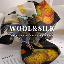 白色花卉重磅新品丝毛春秋丝巾保暖时尚百搭真丝羊毛围巾65*65cm