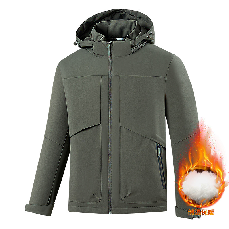 Autumn and winter outdoor sports cotton jacket, unisex design, fleece-lined for warmth, with a detachable hood, windproof, waterproof, and scratch-resistant, suitable for mountaineering