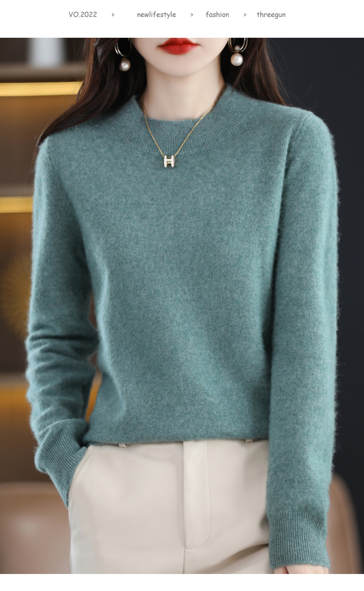 2022 Autumn and winter Cashmere sweater for women, semi-high collar, slimming, pullover, solid color 100 long-sleeved knitted base wool sweater pic 28