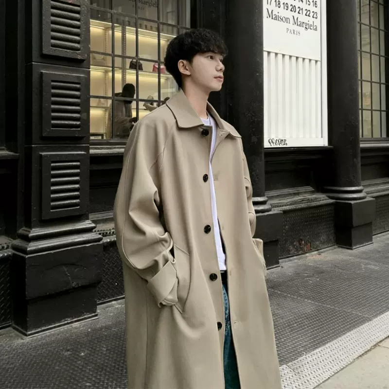 春季新款风衣男中长款过膝翻领单排扣韩版宽松休闲外套男薄款大衣