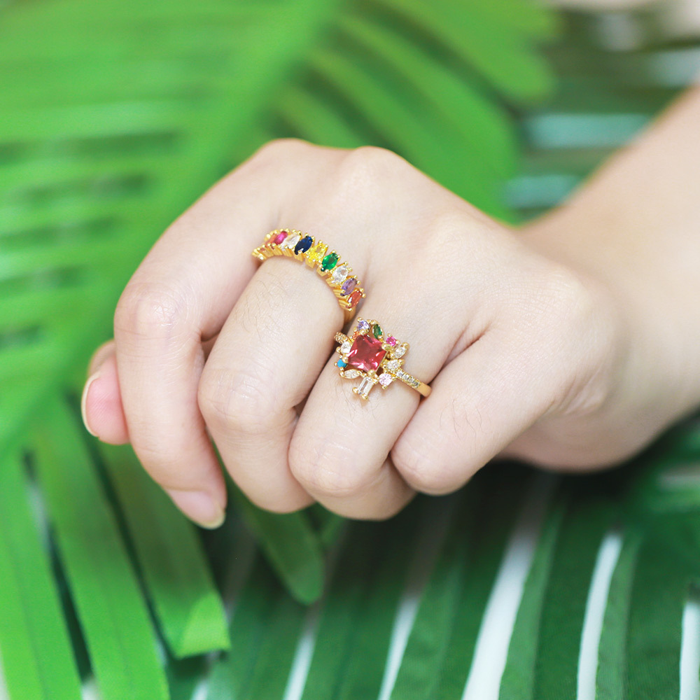 Fashion Colorful Zircon Female Rainbow Geometric Irregular Copper Ring