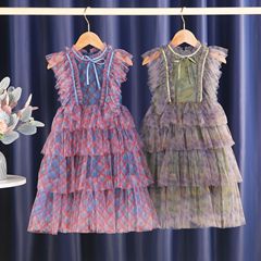 New children's skirt, girl's trendy fairy dress, grid camouflage cake net dress, princess-style dress for children
