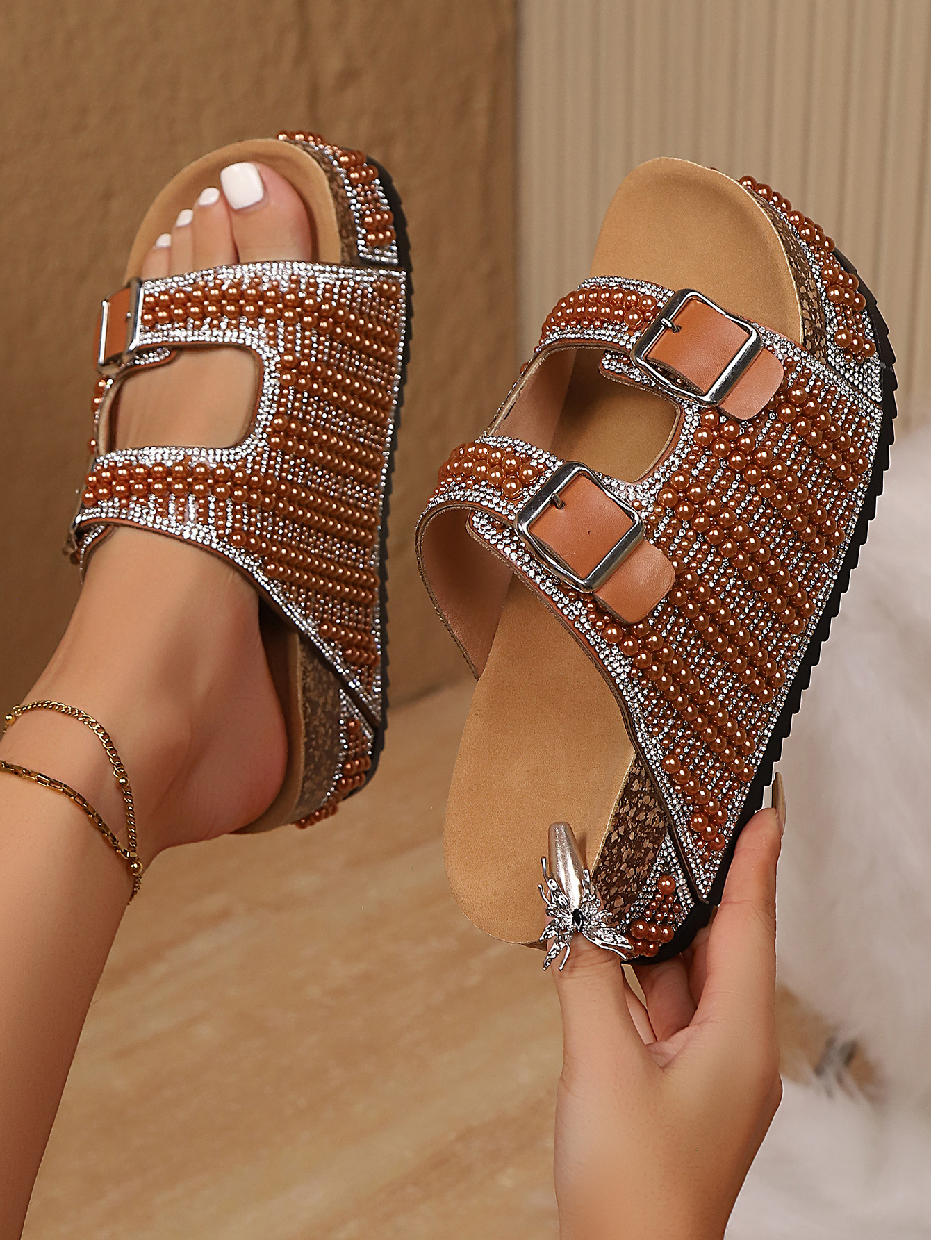 Women's Plus Size Pearl Platform Cork Sandals Double Buckle_voghion.com