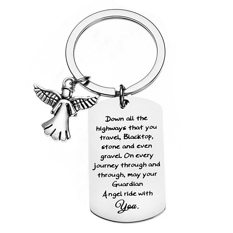 Cross-Border Best-Selling Fguardian Angel Personalized Guardian Angel Stainless Steel Keychain with DIY Laser Engraving