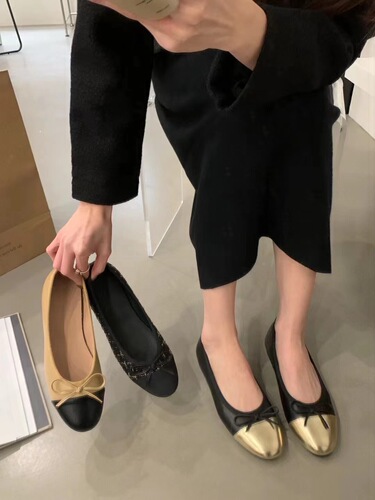  new style small fragrant style color matching bow flat ballet shoes for women versatile round toe small fragrant shoes shallow mouth single shoes