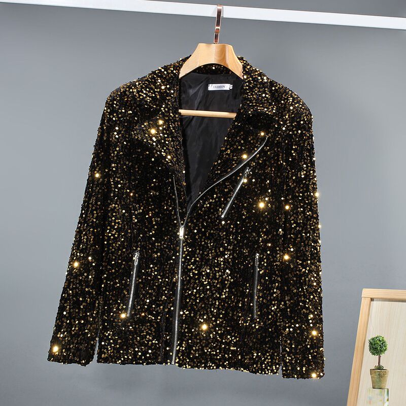 Foreign trade fried street Internet celebrity style sequins men's and women's motorcycle casual jacket stage sequins solid color group performance clothing men