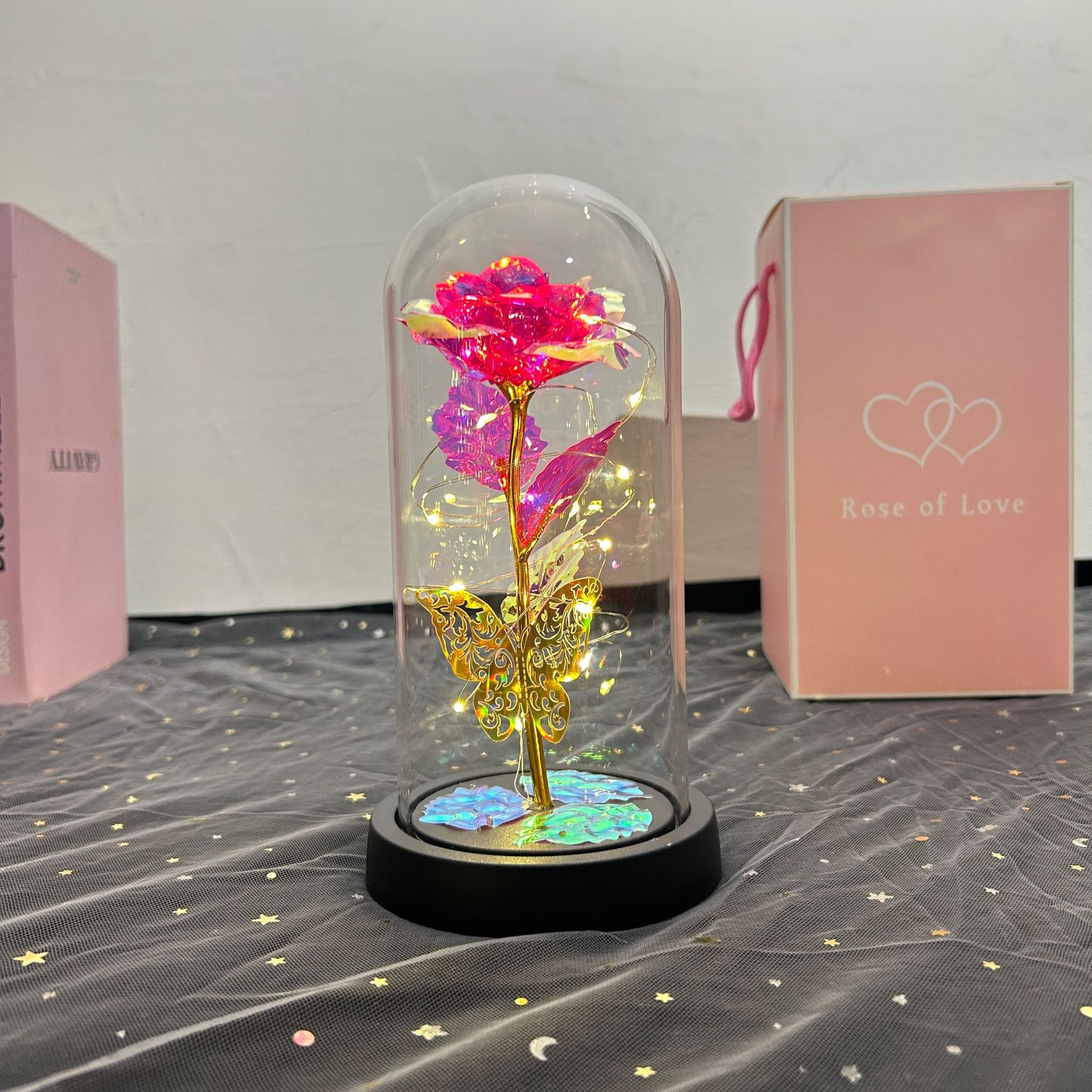 Flores de la vida eterna cubierta de vidrio brillante de oro flores de Navidad regalos de día de San Valentín creativo decoración de luces nocturnas transfronterizas