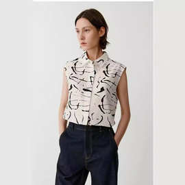 ICIC小禾女装2024新款棉真丝绸黑白墨画无袖背心衬衫