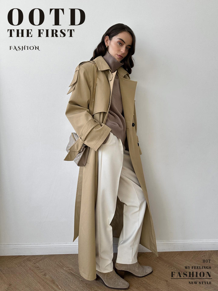 Áo khoác trench coat nữ dáng dài phong cách Âu Mỹ, chất liệu cotton, form rộng có dây thắt eo — Màu kaki, màu xám chi tiết 1
