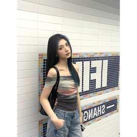 纯欲性感辣妹网纱一字肩短袖T恤女秋季新款修身显瘦短款百搭上衣