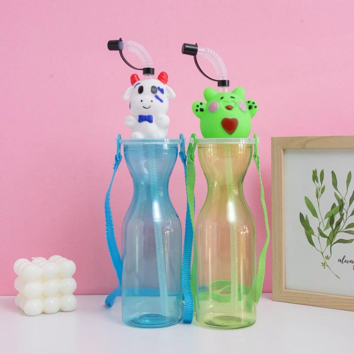 Fábrica directa de dibujos animados 450ml taza de agua taza de té de leche roja taza de jugo con cuerdas taza de agua de plástico