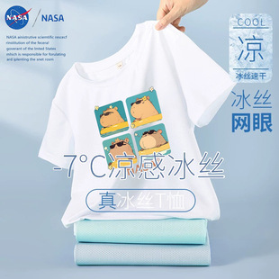Nasa Cartoon Capybara Children's Summer 2025 Thin Ice Silk T-Shirt Medium and Large Children's Mesh Breathable Quick-Drying Short-Sleeved T-Shirt