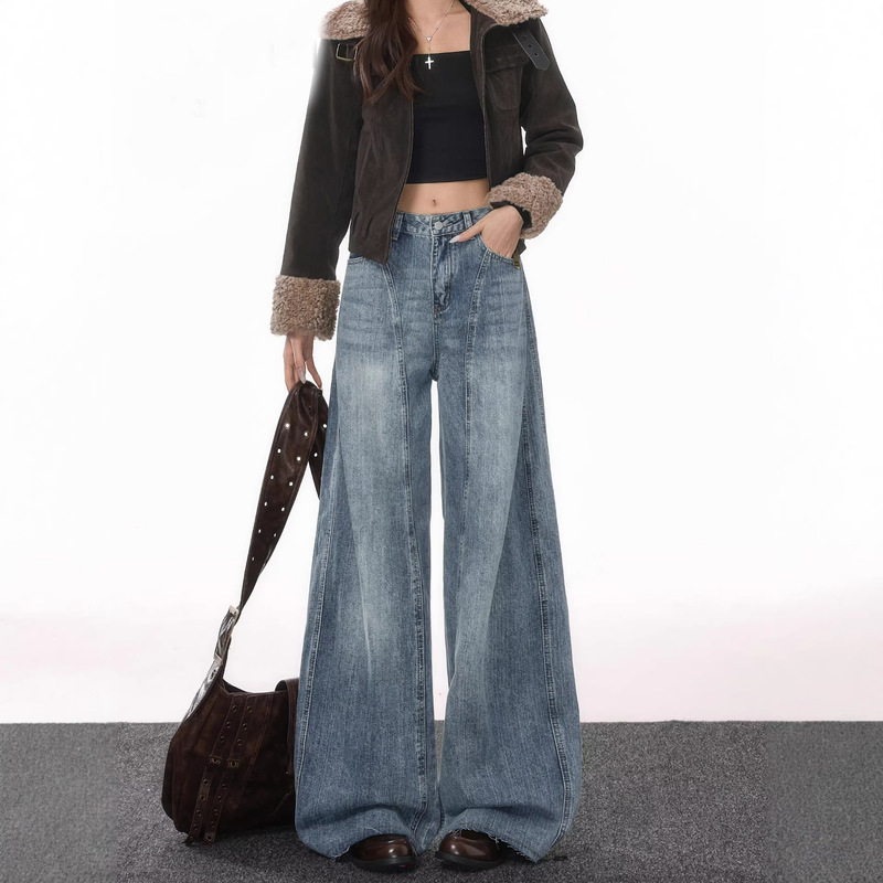 Forever 21 Popular Retro Blue High-Waisted Wide-Leg Jeans for Women with Pear-Shaped Body Shape, Loose and Drapey Curved Pants