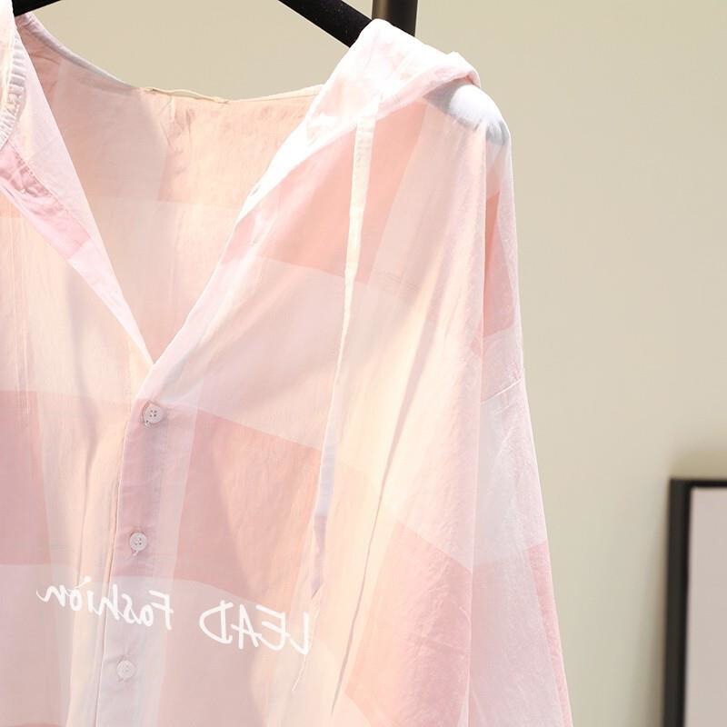 Pink Plaid Cotton Linen Hooded Sun Protection Clothing Women's 2022 Spring New Korean Version Loose Casual Shirt Thin Top Cardigan Pink Plaid Cotton Linen Hooded Sun Protection Clothing Women's 2022 Spring New Korean Version Loose Casual Shirt Thin Top Cardigan