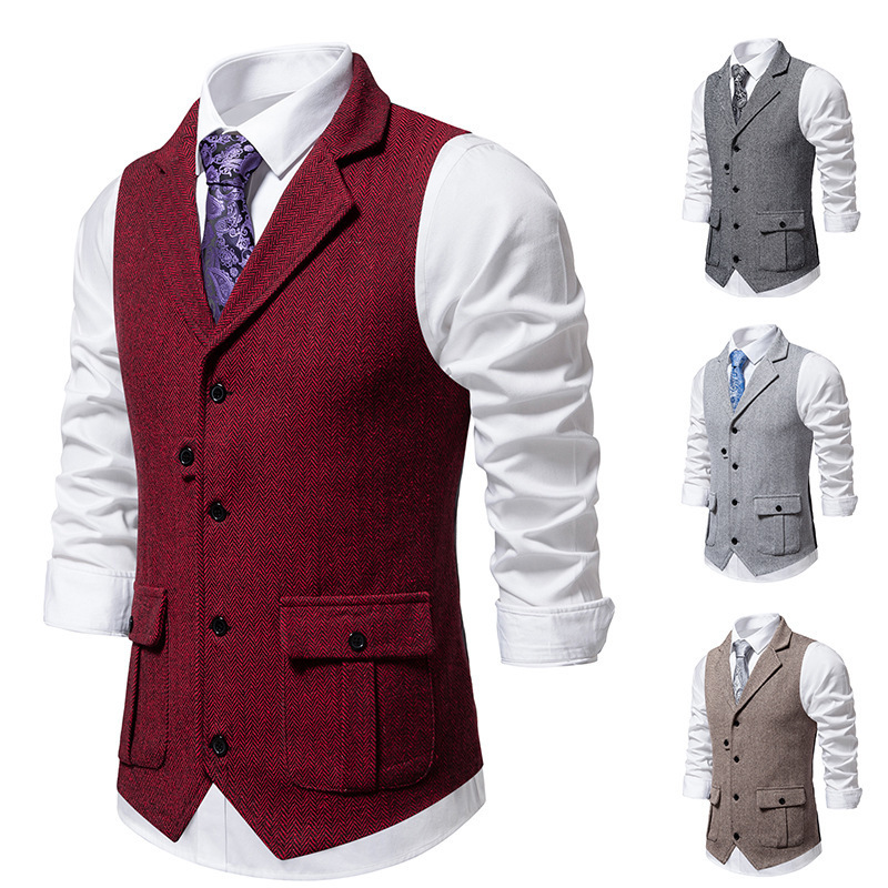 2025 Spring Foreign Trade New Men's Herringbone Tweed Suit Vest Men's Retro Lapel Vest