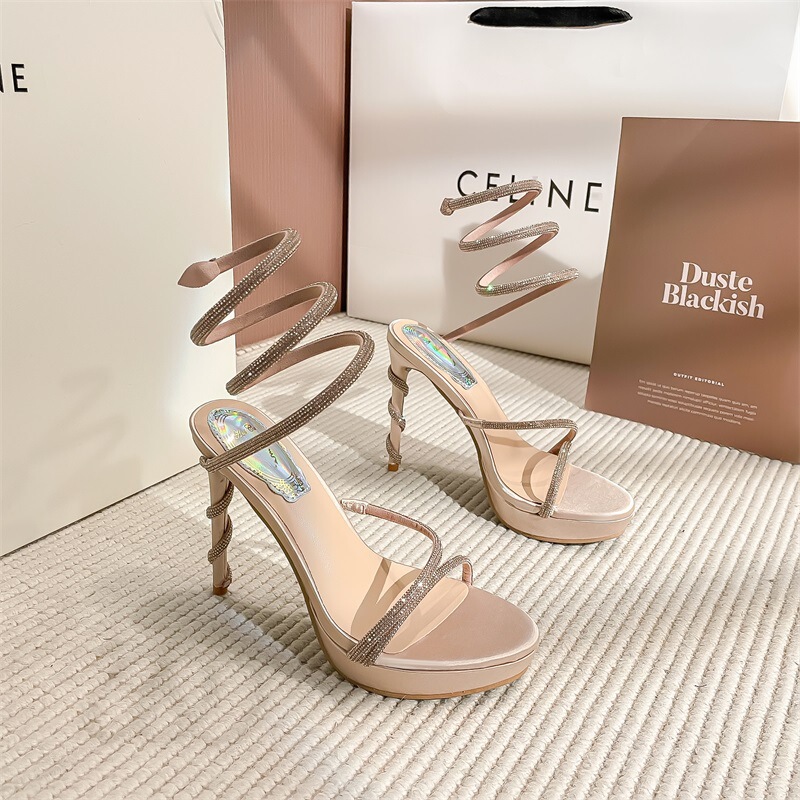 Roman Winding Waterproof Platform High-Heeled Sandals Korean Style Star's Same Rhinestone High-Heeled Shoes Open-Toe Strappy Sandals