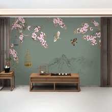 新中式3d立体古典壁画灰蓝轻奢复古工笔花鸟床头客厅电视背景墙布