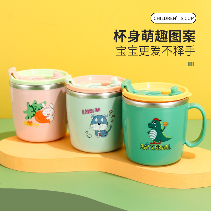 廠家直供304不鏽鋼兒童水杯 帶蓋雙層防燙卡通小學生口杯可印logo
