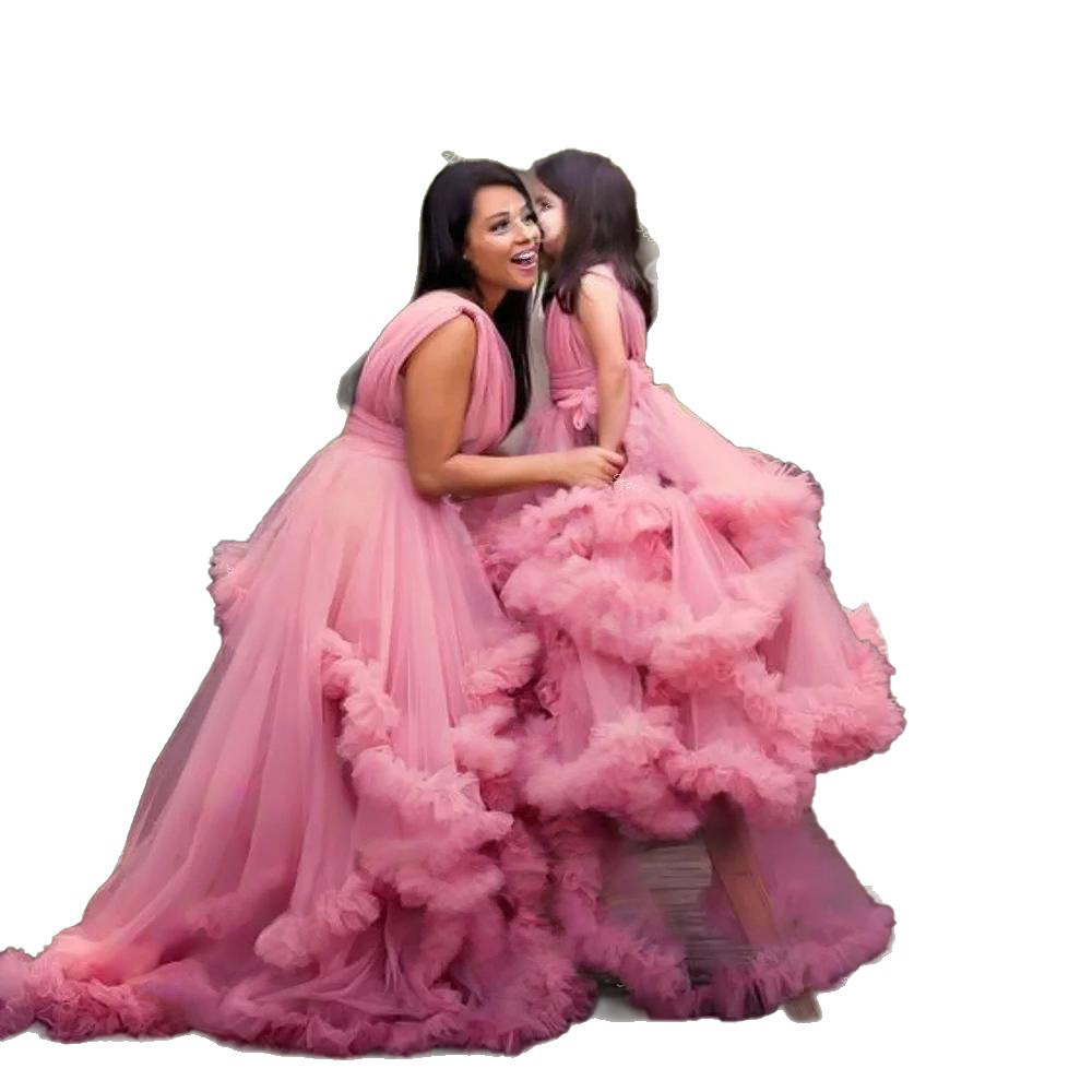 Elegante abito da ballo a trapezio per bambine con volant in tulle, stile sofisticato e strascico, abito casual in poliestere. 【Pre-ordine | Spedizione in 15 giorni】_voghion.com