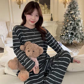 批发货源 韩系条纹简约绒感睡衣套装休闲慵懒家居服可外穿
